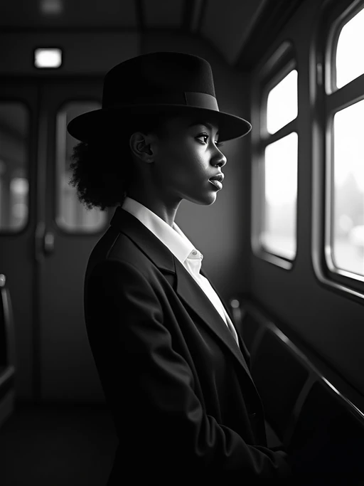 model in a vintage train compartment, wearing if(gender=f){an elegant traveling suit with hat} if(gender=m){a pinstriped suit with fedora}, looking pensively out the window, dramatic shadows from passing lights, mysterious atmosphere, high-contrast black and white photography