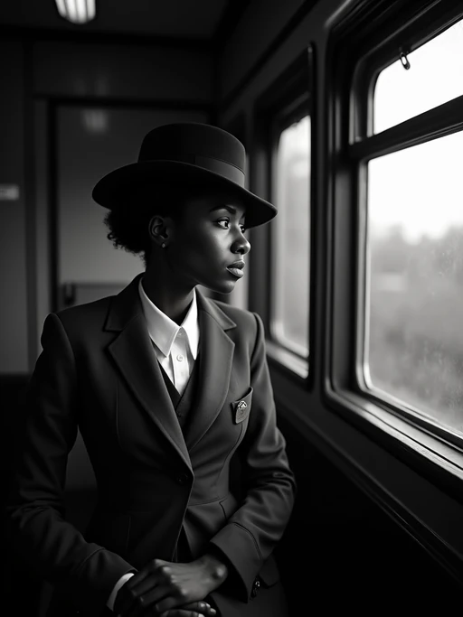 model in a vintage train compartment, wearing if(gender=f){an elegant traveling suit with hat} if(gender=m){a pinstriped suit with fedora}, looking pensively out the window, dramatic shadows from passing lights, mysterious atmosphere, high-contrast black and white photography