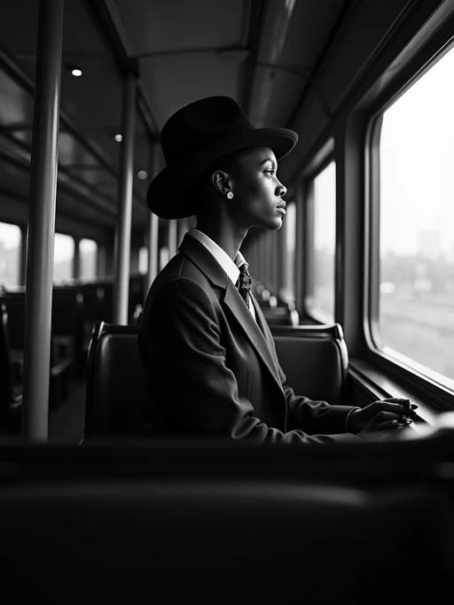 model in a vintage train compartment, wearing if(gender=f){an elegant traveling suit with hat} if(gender=m){a pinstriped suit with fedora}, looking pensively out the window, dramatic shadows from passing lights, mysterious atmosphere, high-contrast black and white photography