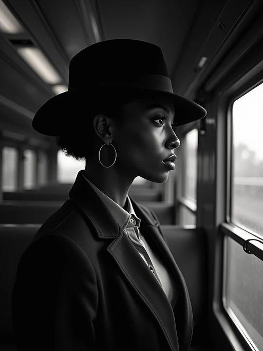 model in a vintage train compartment, wearing if(gender=f){an elegant traveling suit with hat} if(gender=m){a pinstriped suit with fedora}, looking pensively out the window, dramatic shadows from passing lights, mysterious atmosphere, high-contrast black and white photography
