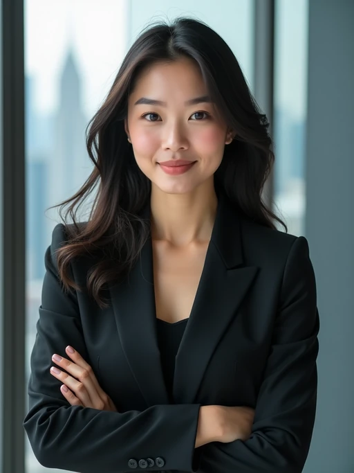 8k professional headshot of model as CEO, crisp details, premium studio backdrop, executive business attire, commanding posture, confident expression, high-definition, corner office setting, sharp focus, dramatic lighting, power suit, cityscape view