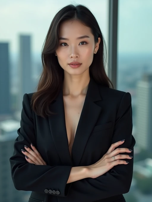8k professional headshot of model as CEO, crisp details, premium studio backdrop, executive business attire, commanding posture, confident expression, high-definition, corner office setting, sharp focus, dramatic lighting, power suit, cityscape view