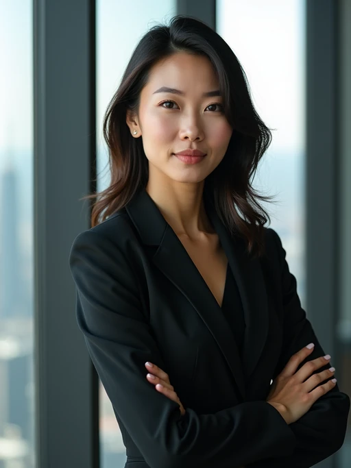 8k professional headshot of model as CEO, crisp details, premium studio backdrop, executive business attire, commanding posture, confident expression, high-definition, corner office setting, sharp focus, dramatic lighting, power suit, cityscape view