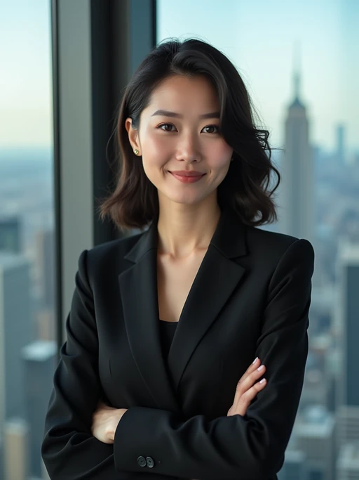 8k professional headshot of model as CEO, crisp details, premium studio backdrop, executive business attire, commanding posture, confident expression, high-definition, corner office setting, sharp focus, dramatic lighting, power suit, cityscape view