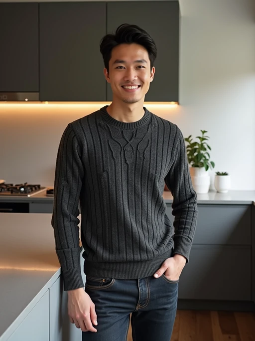 approachable model in if(gender=m){quality knit sweater with dark jeans} if(gender=f){smart casual dress or fashionable separates} leaning against desk, modern office kitchen