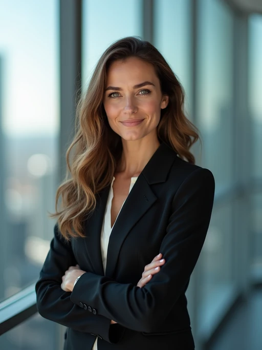 8k professional headshot of model as executive leader, crisp details, luxury office backdrop, premium tailored attire, authoritative pose, decisive expression, high-definition, boardroom environment, sharp focus, professional lighting, executive presence, skyscraper view