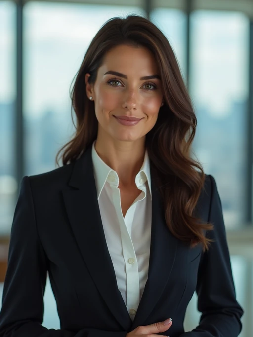 8k professional headshot of model as executive leader, crisp details, luxury office backdrop, premium tailored attire, authoritative pose, decisive expression, high-definition, boardroom environment, sharp focus, professional lighting, executive presence, skyscraper view