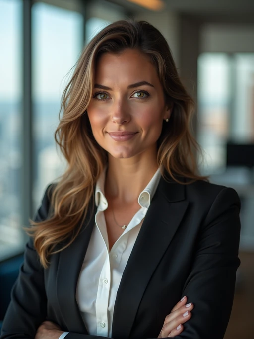8k professional headshot of model as executive leader, crisp details, luxury office backdrop, premium tailored attire, authoritative pose, decisive expression, high-definition, boardroom environment, sharp focus, professional lighting, executive presence, skyscraper view