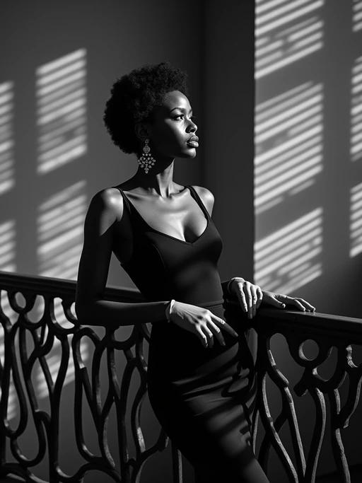 model in an elegant vintage hotel lobby, wearing if(gender=f){a sophisticated cocktail dress with gloves} if(gender=m){a three-piece suit with pocket watch}, leaning against ornate railing, dramatic venetian blinds casting striped shadows, black and white photography with deep shadows
