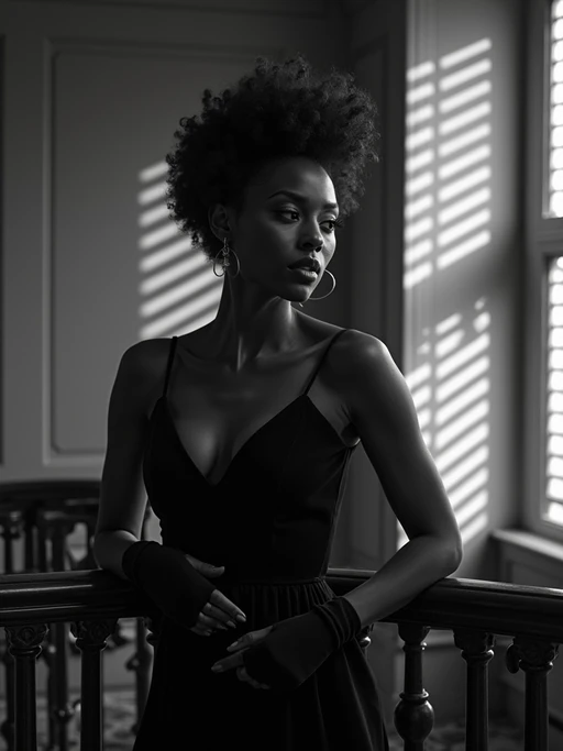 model in an elegant vintage hotel lobby, wearing if(gender=f){a sophisticated cocktail dress with gloves} if(gender=m){a three-piece suit with pocket watch}, leaning against ornate railing, dramatic venetian blinds casting striped shadows, black and white photography with deep shadows