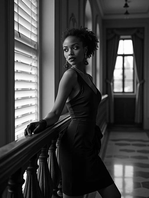 model in an elegant vintage hotel lobby, wearing if(gender=f){a sophisticated cocktail dress with gloves} if(gender=m){a three-piece suit with pocket watch}, leaning against ornate railing, dramatic venetian blinds casting striped shadows, black and white photography with deep shadows