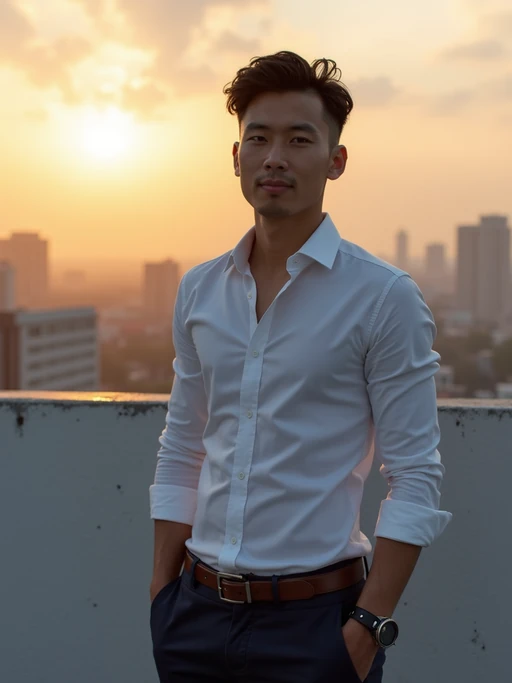 inspiring model wearing if(gender=m){premium casual shirt with designer watch} if(gender=f){sophisticated yet trendy outfit with statement accessories} with smartphone, urban rooftop meeting space, skyline background, sunset lighting