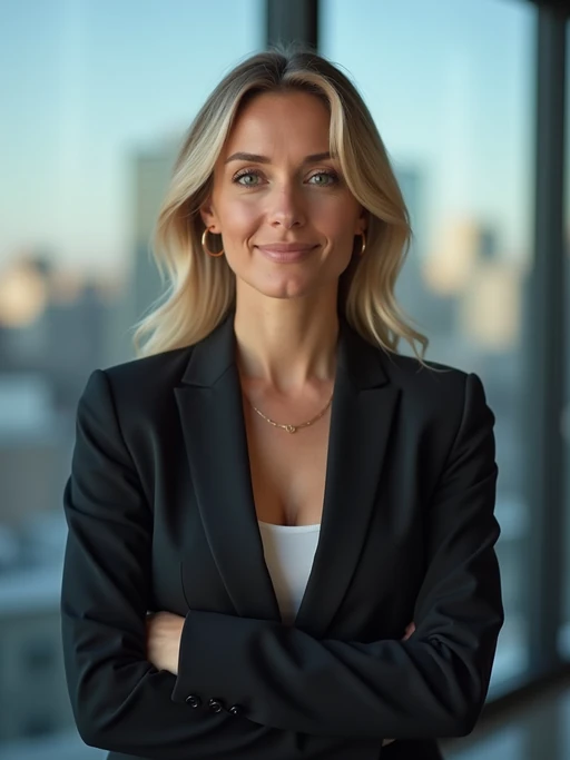 8k professional headshot of model as CEO, crisp details, premium studio backdrop, executive business attire, commanding posture, confident expression, high-definition, corner office setting, sharp focus, dramatic lighting, power suit, cityscape view