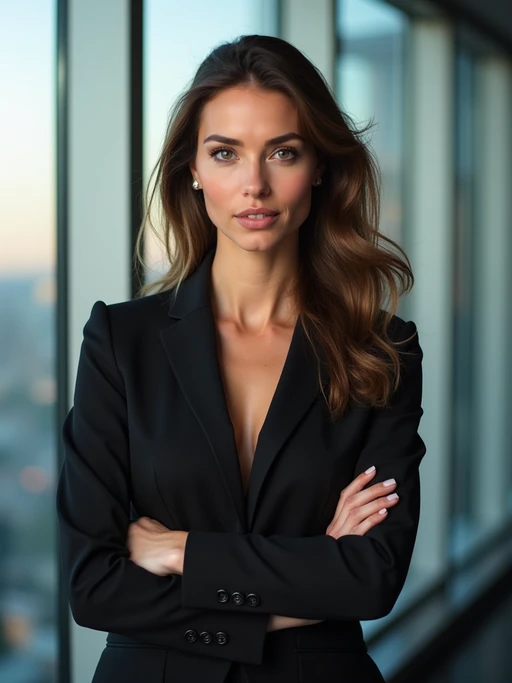 8k professional headshot of model as CEO, crisp details, premium studio backdrop, executive business attire, commanding posture, confident expression, high-definition, corner office setting, sharp focus, dramatic lighting, power suit, cityscape view