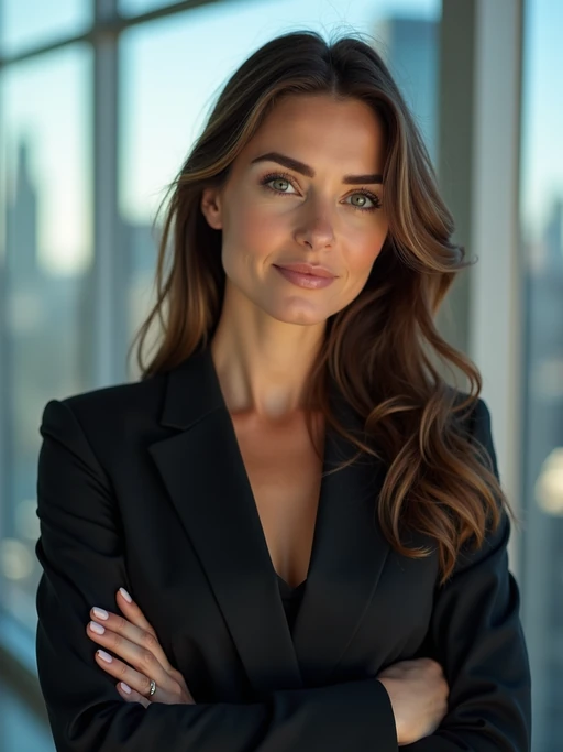 8k professional headshot of model as CEO, crisp details, premium studio backdrop, executive business attire, commanding posture, confident expression, high-definition, corner office setting, sharp focus, dramatic lighting, power suit, cityscape view
