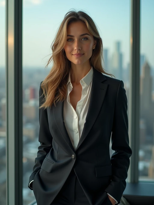8k professional headshot of model as CEO, crisp details, premium studio backdrop, executive business attire, commanding posture, confident expression, high-definition, corner office setting, sharp focus, dramatic lighting, power suit, cityscape view