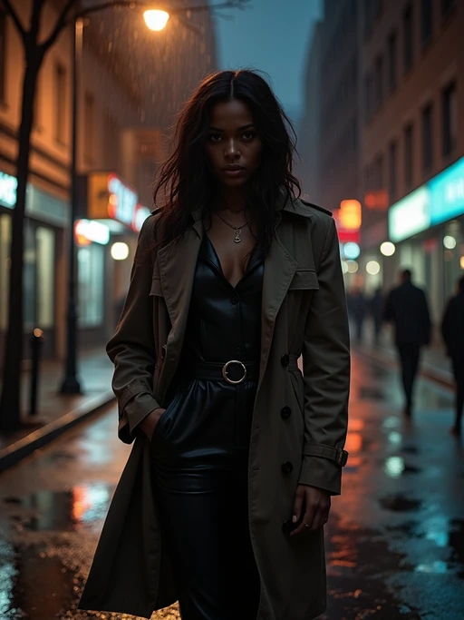 model in a rain-soaked city street at night, wearing if(gender=f){a fitted trench coat with belt cinched at waist} if(gender=m){a long trench coat with upturned collar}, dramatic shadows from street lamps, reflections in puddles, film noir high-contrast lighting, mysterious expression