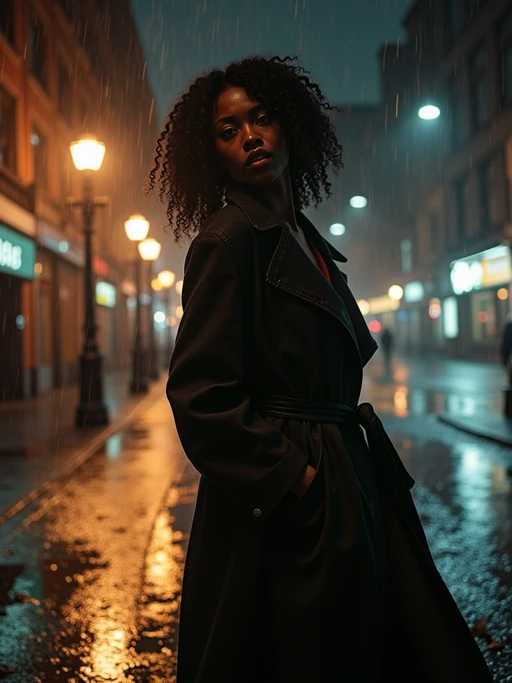 model in a rain-soaked city street at night, wearing if(gender=f){a fitted trench coat with belt cinched at waist} if(gender=m){a long trench coat with upturned collar}, dramatic shadows from street lamps, reflections in puddles, film noir high-contrast lighting, mysterious expression