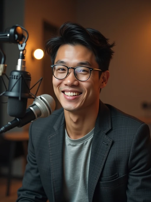charismatic model dressed in if(gender=m){casual blazer over quality t-shirt} if(gender=f){chic blouse with tailored pants} being interviewed, podcast studio setting, relaxed professional look