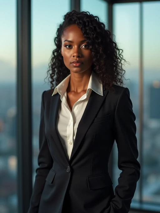 8k professional headshot of model as CEO, crisp details, premium studio backdrop, executive business attire, commanding posture, confident expression, high-definition, corner office setting, sharp focus, dramatic lighting, power suit, cityscape view