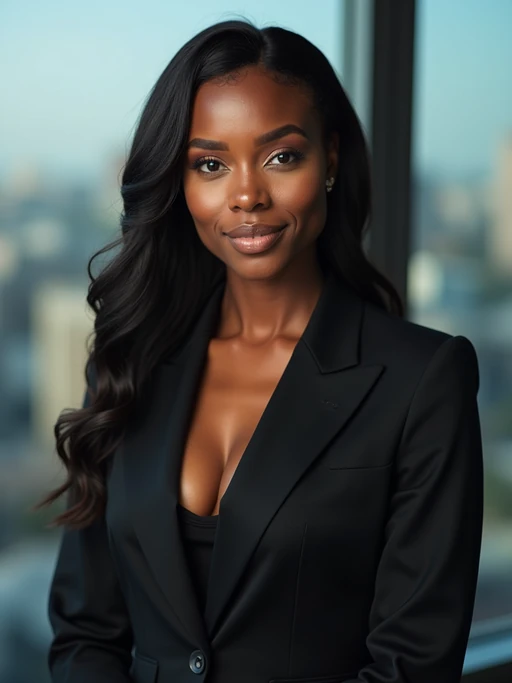 8k professional headshot of model as CEO, crisp details, premium studio backdrop, executive business attire, commanding posture, confident expression, high-definition, corner office setting, sharp focus, dramatic lighting, power suit, cityscape view