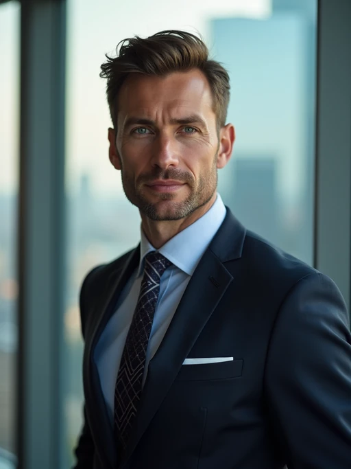 8k professional headshot of model as executive leader, crisp details, luxury office backdrop, premium tailored attire, authoritative pose, decisive expression, high-definition, boardroom environment, sharp focus, professional lighting, executive presence, skyscraper view