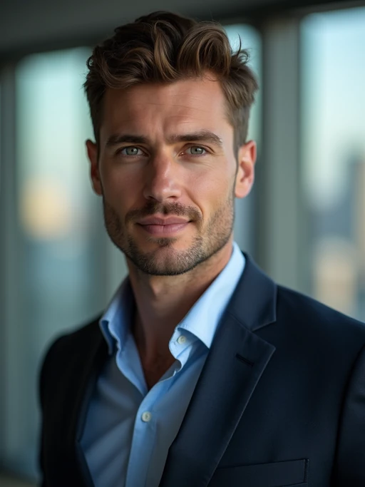 8k professional headshot of model as executive leader, crisp details, luxury office backdrop, premium tailored attire, authoritative pose, decisive expression, high-definition, boardroom environment, sharp focus, professional lighting, executive presence, skyscraper view