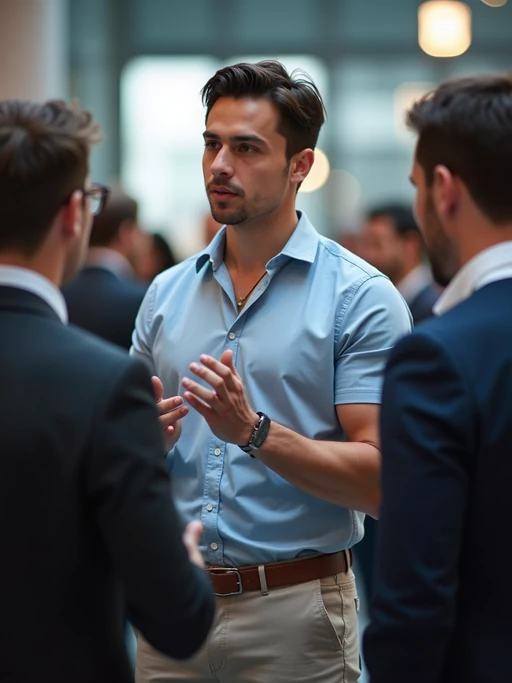 determined model wearing if(gender=m){tech-casual polo and chinos} if(gender=f){contemporary jumpsuit or fashionable separates} networking at a tech conference, professional casual attire, engaged in conversation