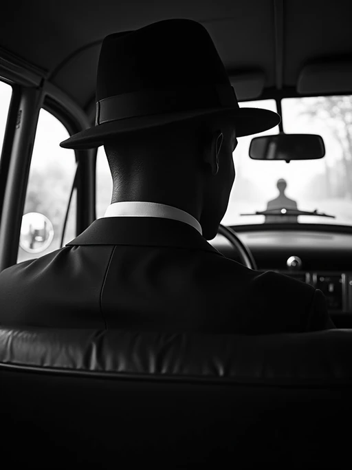 model in a vintage car interior, wearing if(gender=f){a fur stole over an evening dress} if(gender=m){a dark suit with hat}, dramatic lighting through car windows creating venetian blind effect, rear-view mirror showing mysterious figure, high-contrast black and white photography