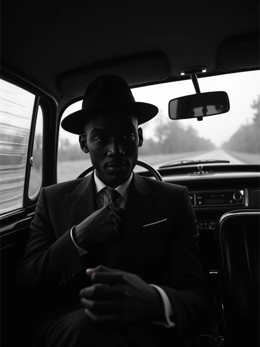 model in a vintage car interior, wearing if(gender=f){a fur stole over an evening dress} if(gender=m){a dark suit with hat}, dramatic lighting through car windows creating venetian blind effect, rear-view mirror showing mysterious figure, high-contrast black and white photography