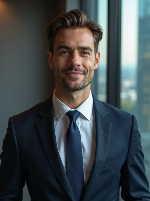 8k professional headshot of model as CEO, crisp details, premium studio backdrop, executive business attire, commanding posture, confident expression, high-definition, corner office setting, sharp focus, dramatic lighting, power suit, cityscape view