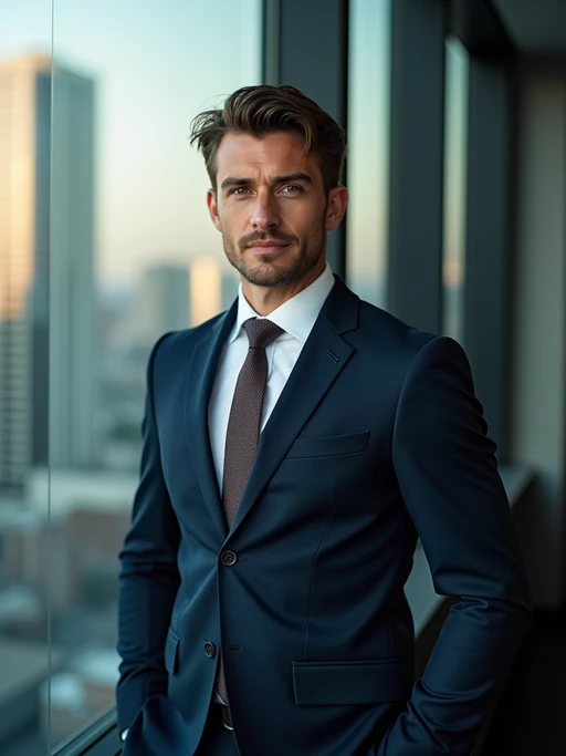 8k professional headshot of model as CEO, crisp details, premium studio backdrop, executive business attire, commanding posture, confident expression, high-definition, corner office setting, sharp focus, dramatic lighting, power suit, cityscape view