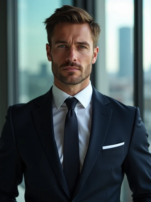 8k professional headshot of model as CEO, crisp details, premium studio backdrop, executive business attire, commanding posture, confident expression, high-definition, corner office setting, sharp focus, dramatic lighting, power suit, cityscape view