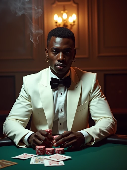 model at a glamorous casino table, wearing if(gender=f){a sparkling evening gown with statement jewelry} if(gender=m){a white dinner jacket with black bow tie}, surrounded by playing cards and chips, dramatic overhead lighting, cigarette smoke swirling, classic film noir composition