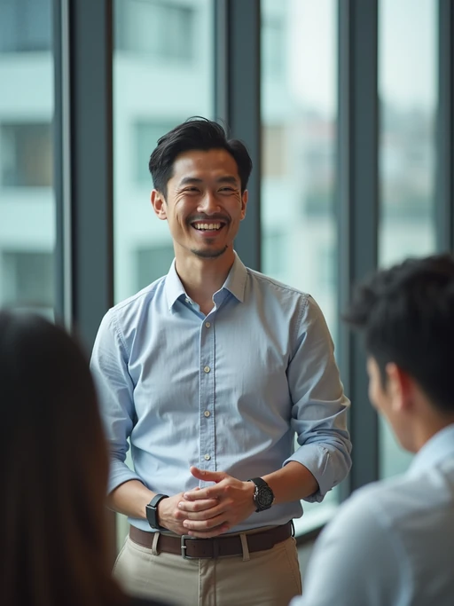 passionate model in if(gender=m){smart casual shirt with rolled sleeves} if(gender=f){modern blazer with statement necklace} leading a team meeting, collaborative environment, glass walls, city view