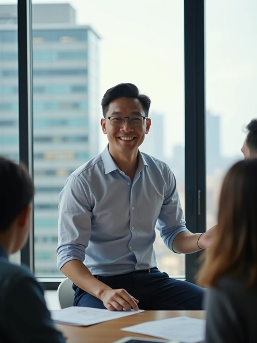 passionate model in if(gender=m){smart casual shirt with rolled sleeves} if(gender=f){modern blazer with statement necklace} leading a team meeting, collaborative environment, glass walls, city view