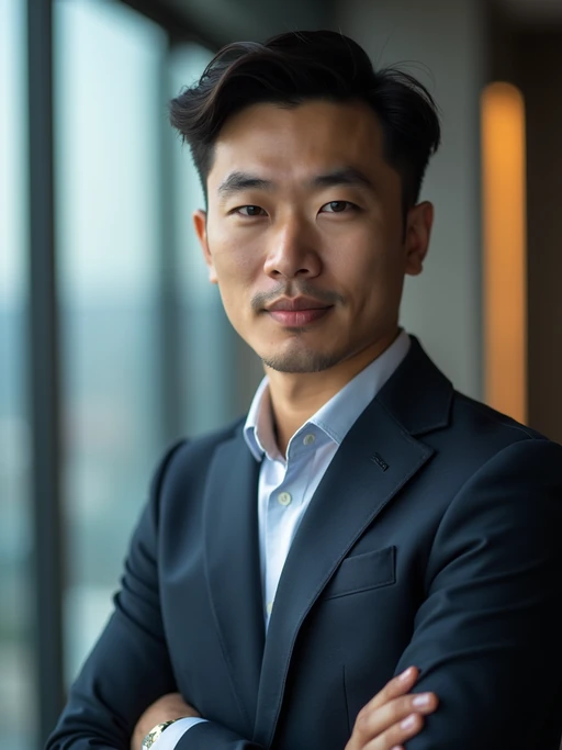 8k professional headshot of model as executive leader, crisp details, luxury office backdrop, premium tailored attire, authoritative pose, decisive expression, high-definition, boardroom environment, sharp focus, professional lighting, executive presence, skyscraper view