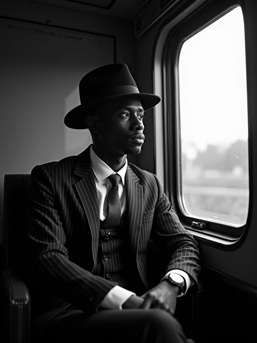 model in a vintage train compartment, wearing if(gender=f){an elegant traveling suit with hat} if(gender=m){a pinstriped suit with fedora}, looking pensively out the window, dramatic shadows from passing lights, mysterious atmosphere, high-contrast black and white photography