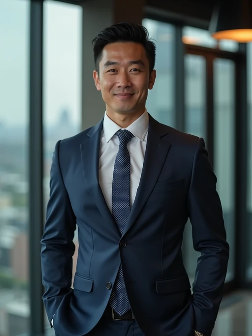 8k professional headshot of model as CEO, crisp details, premium studio backdrop, executive business attire, commanding posture, confident expression, high-definition, corner office setting, sharp focus, dramatic lighting, power suit, cityscape view