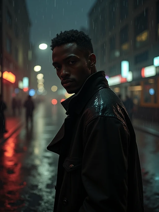 model in a rain-soaked city street at night, wearing if(gender=f){a fitted trench coat with belt cinched at waist} if(gender=m){a long trench coat with upturned collar}, dramatic shadows from street lamps, reflections in puddles, film noir high-contrast lighting, mysterious expression