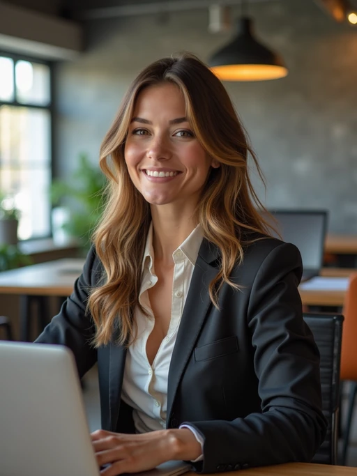 resilient model in if(gender=m){relaxed business casual with quality basics} if(gender=f){comfortable yet polished professional attire} industrial loft office, working with team members