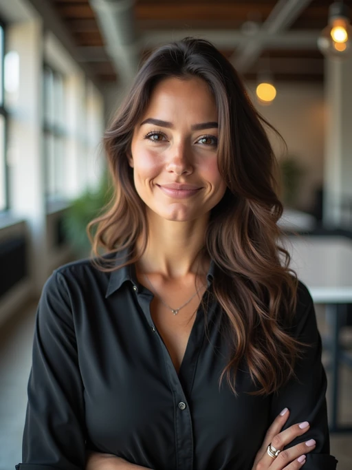 resilient model in if(gender=m){relaxed business casual with quality basics} if(gender=f){comfortable yet polished professional attire} industrial loft office, working with team members