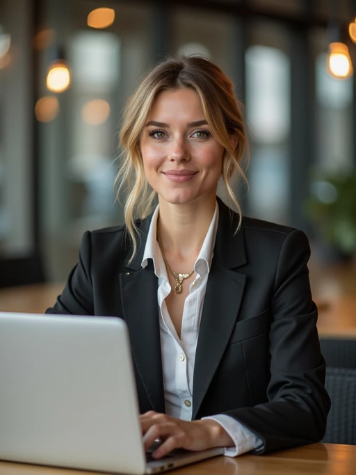strategic model wearing if(gender=m){smart casual outfit with designer details} if(gender=f){contemporary business casual ensemble with tasteful jewelry} coworking space lounge area, engaged with laptop