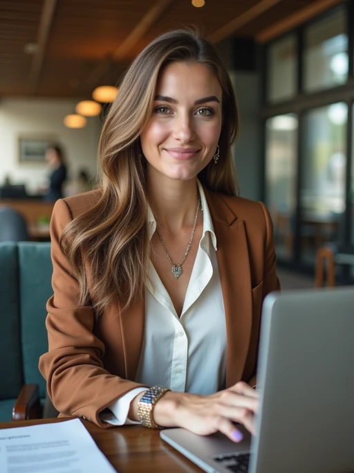 strategic model wearing if(gender=m){smart casual outfit with designer details} if(gender=f){contemporary business casual ensemble with tasteful jewelry} coworking space lounge area, engaged with laptop