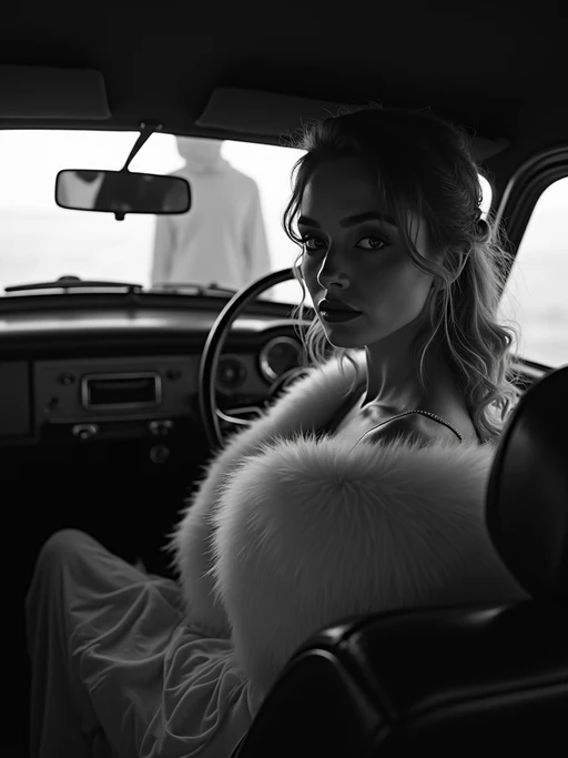 model in a vintage car interior, wearing if(gender=f){a fur stole over an evening dress} if(gender=m){a dark suit with hat}, dramatic lighting through car windows creating venetian blind effect, rear-view mirror showing mysterious figure, high-contrast black and white photography