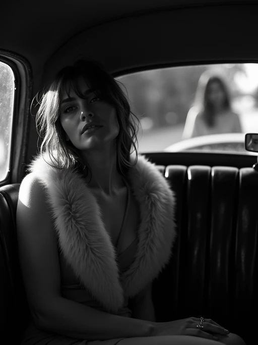 model in a vintage car interior, wearing if(gender=f){a fur stole over an evening dress} if(gender=m){a dark suit with hat}, dramatic lighting through car windows creating venetian blind effect, rear-view mirror showing mysterious figure, high-contrast black and white photography