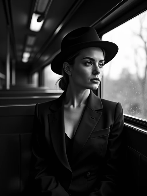model in a vintage train compartment, wearing if(gender=f){an elegant traveling suit with hat} if(gender=m){a pinstriped suit with fedora}, looking pensively out the window, dramatic shadows from passing lights, mysterious atmosphere, high-contrast black and white photography