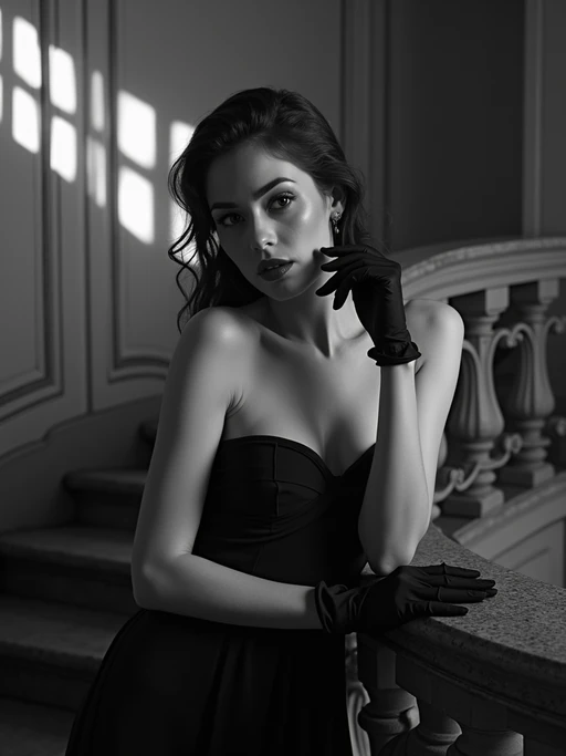 model in an elegant vintage hotel lobby, wearing if(gender=f){a sophisticated cocktail dress with gloves} if(gender=m){a three-piece suit with pocket watch}, leaning against ornate railing, dramatic venetian blinds casting striped shadows, black and white photography with deep shadows