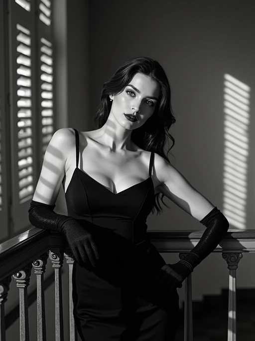 model in an elegant vintage hotel lobby, wearing if(gender=f){a sophisticated cocktail dress with gloves} if(gender=m){a three-piece suit with pocket watch}, leaning against ornate railing, dramatic venetian blinds casting striped shadows, black and white photography with deep shadows