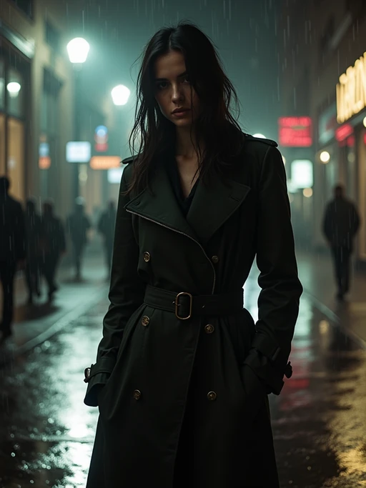 model in a rain-soaked city street at night, wearing if(gender=f){a fitted trench coat with belt cinched at waist} if(gender=m){a long trench coat with upturned collar}, dramatic shadows from street lamps, reflections in puddles, film noir high-contrast lighting, mysterious expression